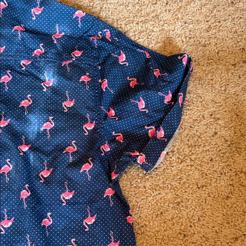 Good Vibes Slim Fit Navy Short-Sleeve Button-Down-Pink Flamingo Print Size Large - Picture 7 of 8